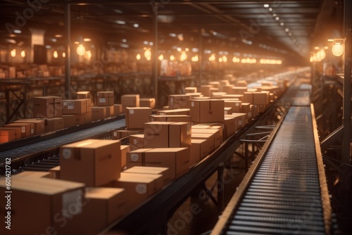 Parcels moving on a conveyor belt in a sorting center, logistics and delivery concept. Generative AI © ColdFire