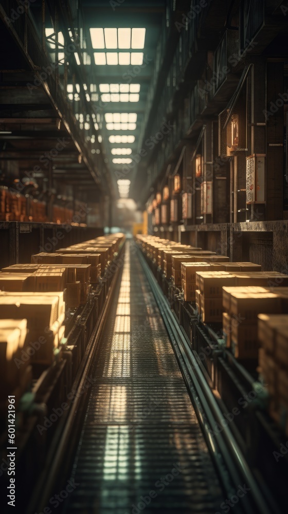 Parcels moving on a conveyor belt in a sorting center, logistics and delivery concept. Generative AI