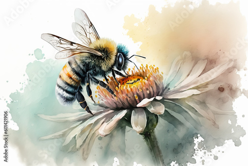 Fototapeta Naklejka Na Ścianę i Meble -  bee on flower in aquarelle style, ai generated