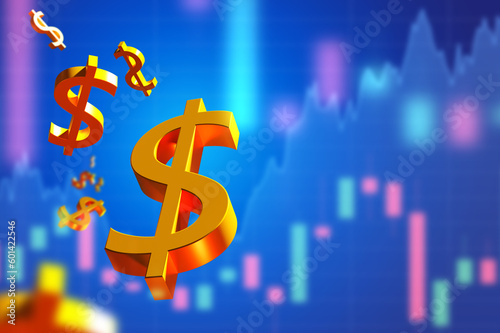 Economic chart. Business background. Investment growth quotes. US dollar symbol. Economic background. Asset growth chart. Increasing value of shares concept. Blue business wallpaper. 3d image