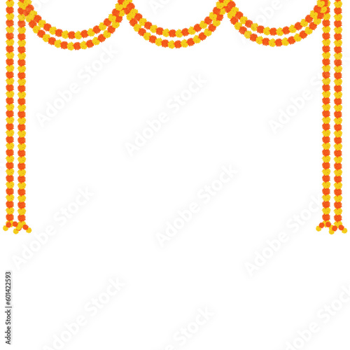 Traditional indian marigold toran floral garland vector,wedding and festival decoration,border flower decoration with transparent background 