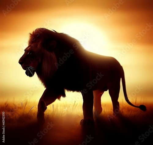 lion walking through the savannah, with its tusks silhouetted against the setting sun
