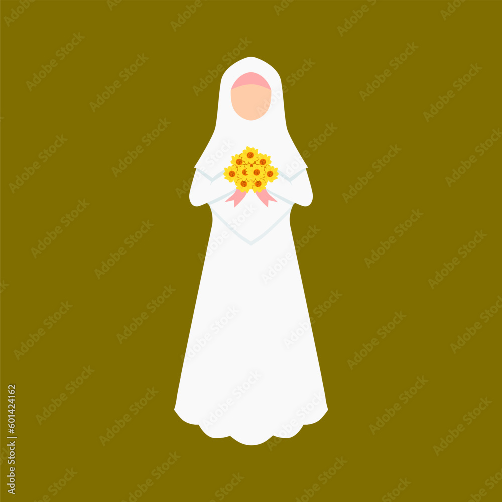 Muslim bride in white dress holding flowers bouquet. Arabic bride wedding in cartoon style. Muslim bride in white dress holding flowers bouquet. Arabic bride wedding in cartoon style.