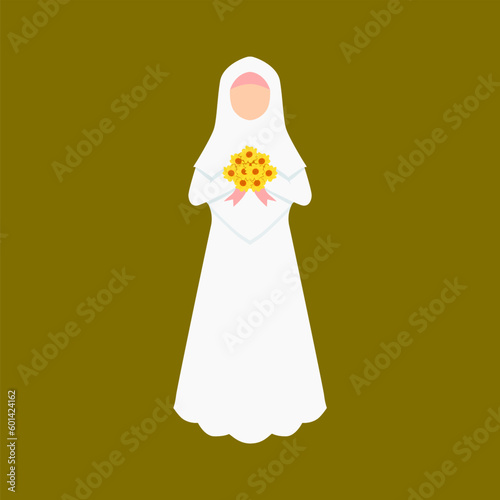 Muslim bride in white dress holding flowers bouquet. Arabic bride wedding in cartoon style.	