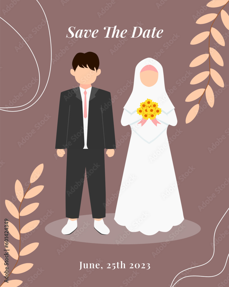 Muslim wedding invitation poster. Bride and groom in cartoon style, faceless character. Muslim wedding invitation poster. Bride and groom in cartoon style, faceless character.