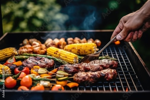 autumn bbq, grilled pork ribs, corn and grilled peppers. baked garlic. autumn grill party concept. Thanksgiving Day. autumn harvest. AI generated