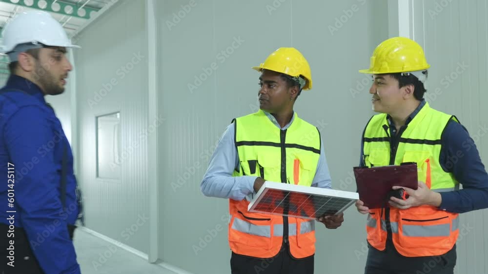The warehouse manager advises the two employees on how to organize the shelves in a vast warehouse. The warehouse manager advises the two employees on how to organize the shelves in a vast warehouse.