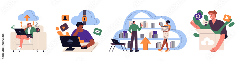 Cloud storage concept set. Digital services, online technologies, systems, servers for data, information, content storing, sharing, uploading. Flat vector illustrations isolated on white background