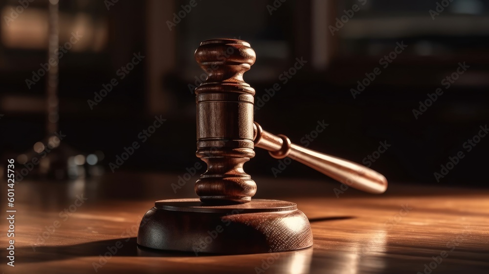 The judge's wooden gavel lies on the table in the courtroom, bringing order, marking a decision or ruling. Hammer for auctions. Generative AI The judge's wooden gavel lies on the table in the courtroom, bringing order, marking a decision or ruling. Hammer for auctions. Generative AI