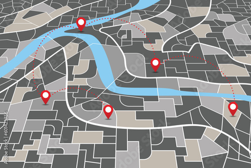 Dark city navigation perspective map with directional pins
