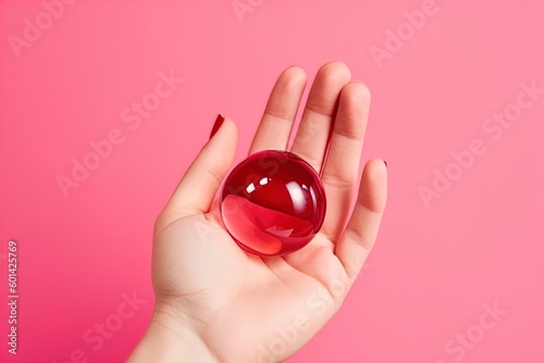 Lifesaver Drop: World Blood Donor Day Concept with a Red Drop in Hands on Pink Background in Swiss Style in 8K created with Generative AI Technology photo