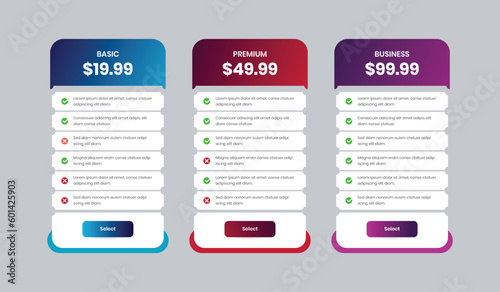 Product or service subscription comparison pricing list design template
