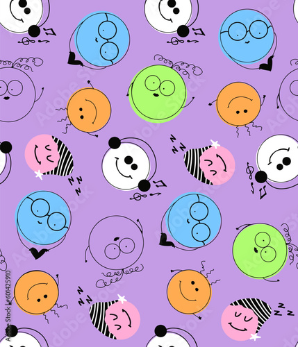 Abstract Hand Drawing Childish Comic Faces Smile Icons Dots Buttons Seamless Vector Pattern Isolated Background