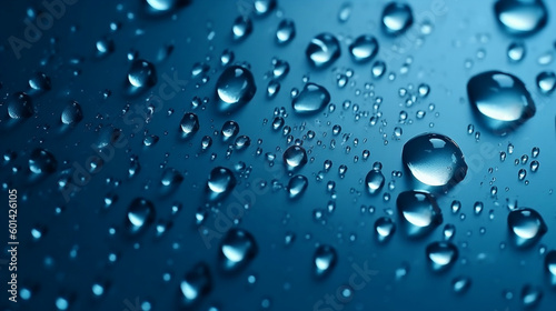 Water drops on smooth surface, blue background. Generative ai