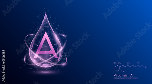 Vitamin A drop pink low poly and structure chemical formula. Medicine science innovative. Multivitamins complex collagen supplement skincare anti aging. Cosmetics nutrition banner design. Vector.