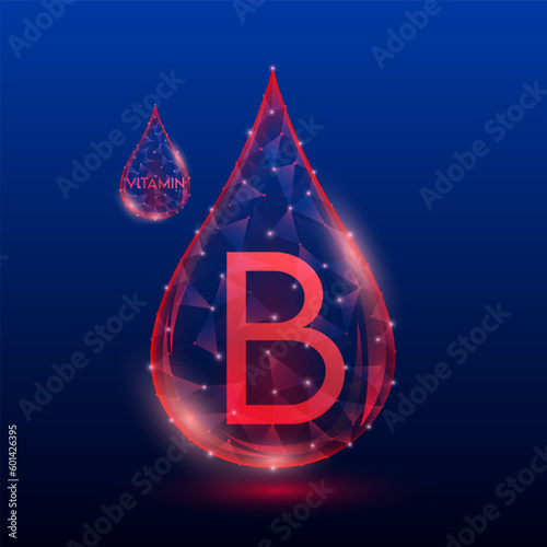 Vitamins complex skin care anti aging. Vitamin B drop red translucent low poly on dark blue background. Multivitamins collagen supplement. Cosmetics nutrition design. Vector EPS 10 illustration.