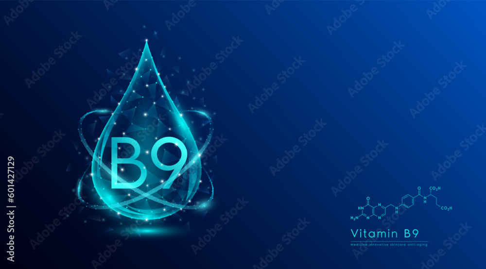 Vitamin B9 drop blue low poly and structure chemical formula. Medicine