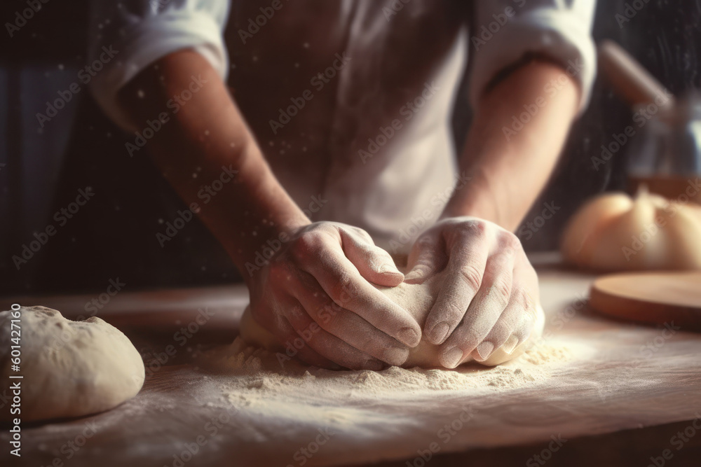 Bread preparation, hands kneading dough on table, closeup. Generative AI