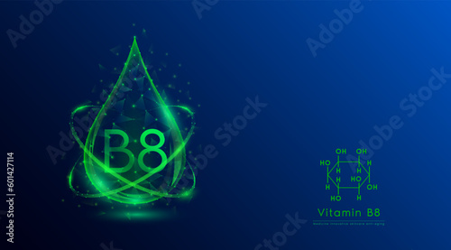Vitamin B8 drop green low poly and structure chemical formula. Medicine science innovative. Multivitamins complex collagen supplement skincare anti aging. Cosmetics nutrition banner design. Vector.