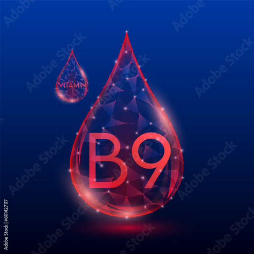 Vitamins complex skin care anti aging. Vitamin B9 drop red translucent low poly on dark blue background. Multivitamins collagen supplement. Cosmetics nutrition design. Vector EPS 10 illustration.