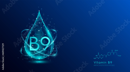 Vitamin B9 drop blue low poly and structure chemical formula. Medicine science innovative. Multivitamins complex collagen supplement skincare anti aging. Cosmetics nutrition banner design. Vector.