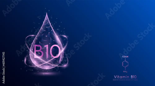 Vitamin B10 drop pink low poly and structure chemical formula. Medicine science innovative. Multivitamins complex collagen supplement skincare anti aging. Cosmetics nutrition banner design. Vector.