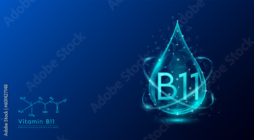 Vitamin B11 drop blue low poly and structure chemical formula. Medicine science innovative. Multivitamins complex collagen supplement skincare anti aging. Cosmetics nutrition banner design. Vector.