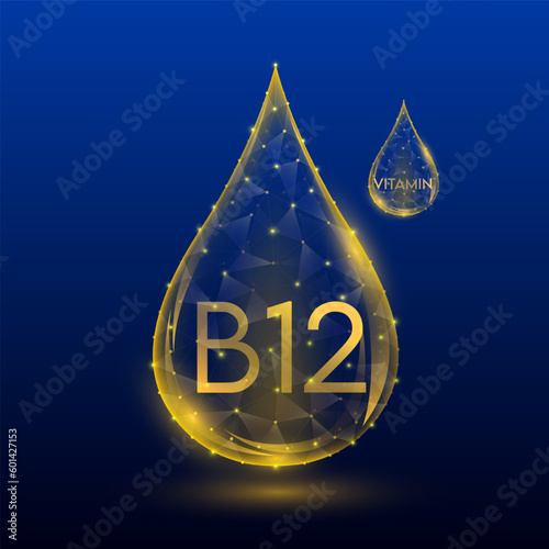 Vitamins complex skin care anti aging. Vitamin B12 drop orange translucent low poly on dark blue background. Multivitamins collagen supplement. Cosmetics nutrition design. Vector EPS 10 illustration.