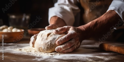 Bread preparation, hands kneading dough on table, closeup. Generative AI