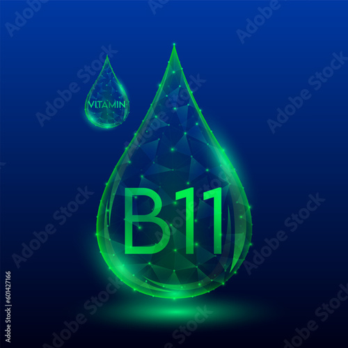 Vitamins complex skin care anti aging. Vitamin B11 drop green translucent low poly on dark blue background. Multivitamins collagen supplement. Cosmetics nutrition design. Vector EPS 10 illustration.