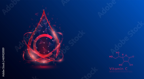 Vitamin C drop red low poly and structure chemical formula. Medicine science innovative. Multivitamins complex collagen supplement skincare anti aging. Cosmetics nutrition banner design. Vector.