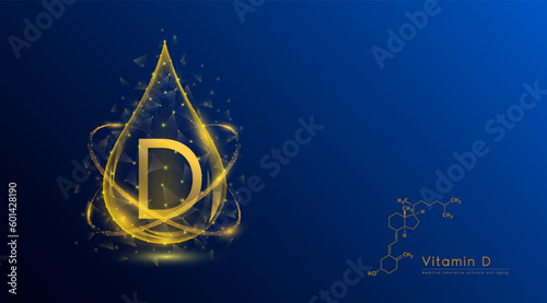 Vitamin D drop oeange low poly and structure chemical formula. Medicine science innovative. Multivitamins complex collagen supplement skincare anti aging. Cosmetics nutrition banner design. Vector. photo