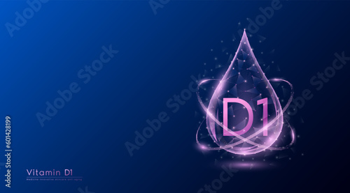 Vitamin D1 drop pink low poly and structure chemical formula. Medicine science innovative. Multivitamins complex collagen supplement skincare anti aging. Cosmetics nutrition banner design. Vector.