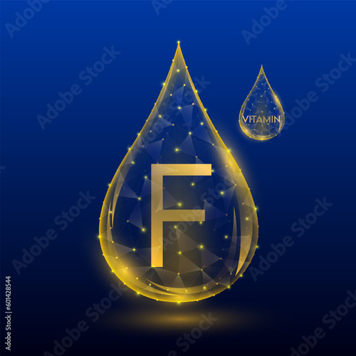 Vitamins complex skin care anti aging. Vitamin F drop orange translucent low poly on dark blue background. Multivitamins collagen supplement. Cosmetics nutrition design. Vector EPS 10 illustration.