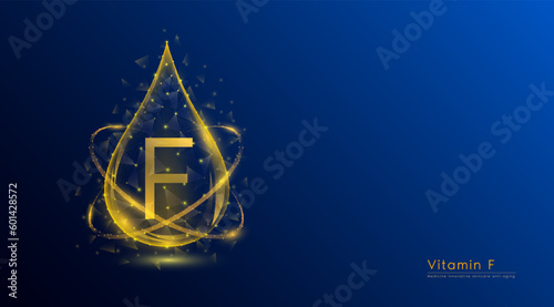 Vitamin F drop oeange low poly and structure chemical formula. Medicine science innovative. Multivitamins complex collagen supplement skincare anti aging. Cosmetics nutrition banner design. Vector.