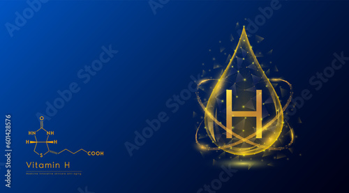 Vitamin H drop oeange low poly and structure chemical formula. Medicine science innovative. Multivitamins complex collagen supplement skincare anti aging. Cosmetics nutrition banner design. Vector.