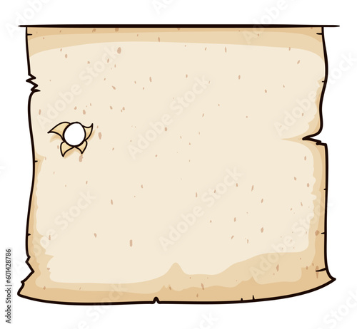 Aged parchment paper template with bullet hole in cartoon style, Vector illustration