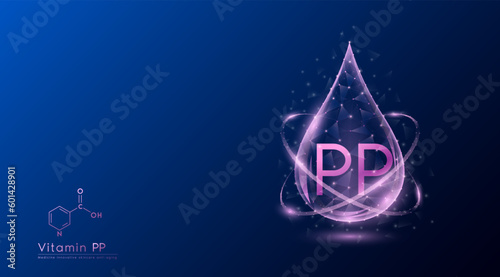 Vitamin PP drop pink low poly and structure chemical formula. Medicine science innovative. Multivitamins complex collagen supplement skincare anti aging. Cosmetics nutrition banner design. Vector.