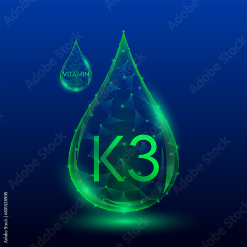 Vitamins complex skin care anti aging. Vitamin K3 drop green translucent low poly on dark blue background. Multivitamins collagen supplement. Cosmetics nutrition design. Vector EPS 10 illustration.