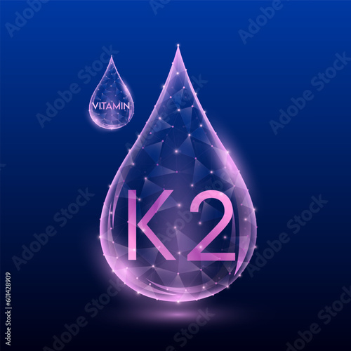 Vitamins complex skin care anti aging. Vitamin K2 drop pink translucent low poly on dark blue background. Multivitamins collagen supplement. Cosmetics nutrition design. Vector EPS 10 illustration.