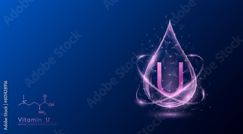 Vitamin U drop pink low poly and structure chemical formula. Medicine science innovative. Multivitamins complex collagen supplement skincare anti aging. Cosmetics nutrition banner design. Vector.