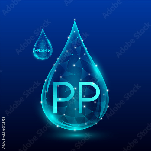 Vitamins complex skin care anti aging. Vitamin PP drop blue translucent low poly on dark blue background. Multivitamins collagen supplement. Cosmetics nutrition design. Vector EPS 10 illustration.