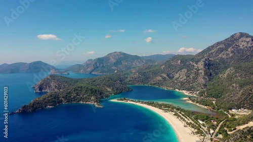 Beautiful panoramic view from drone of natural park of Oludeniz and blue lagoon and tranquil sea. Sights and interesting places in Turkey.