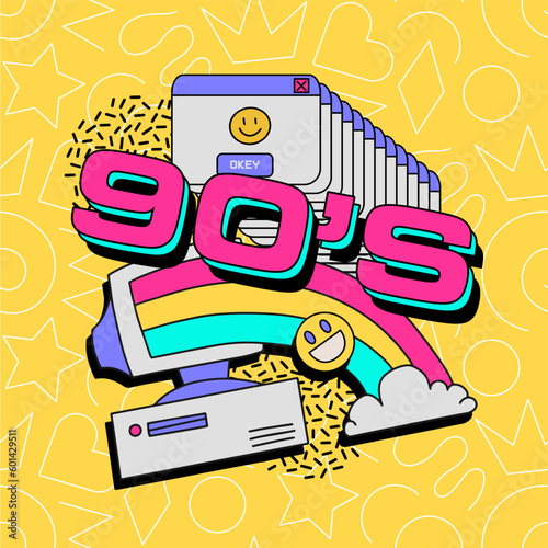 1990s Memphis poster or card with computer, rainbow, PC window and geometric elements. Back to the 90s vibe. Vector illustration in trendy 80s-90s vintage style.