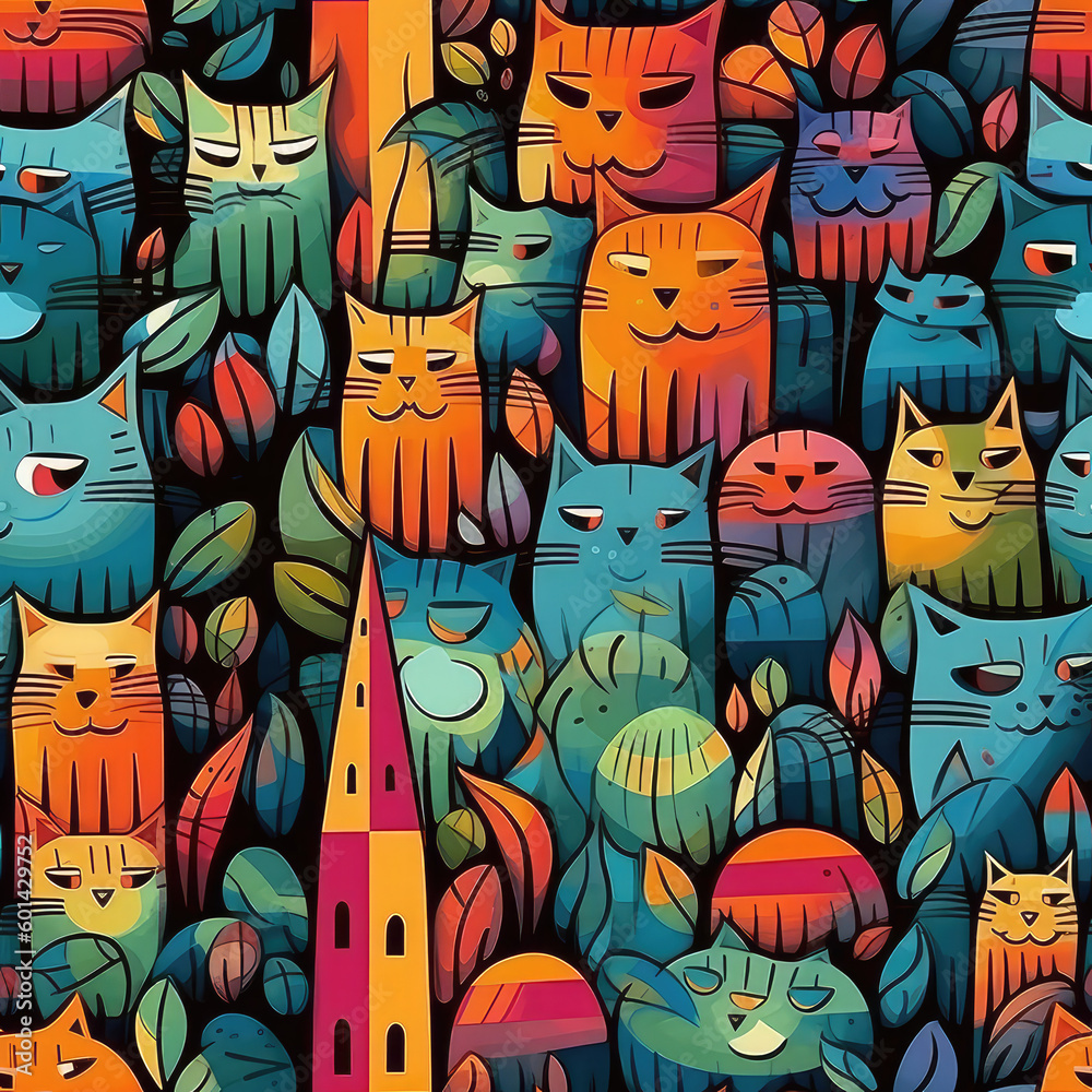 Cats in a forest seamless repeat pattern - fantasy colorful cubism, abstract art, trippy psychedelic [Generative AI]
