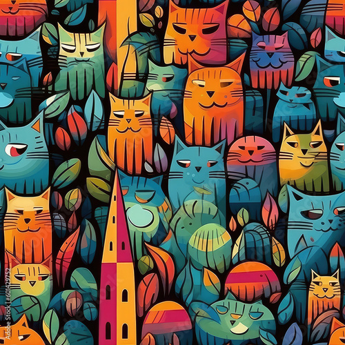 Cats in a forest seamless repeat pattern - fantasy colorful cubism  abstract art  trippy psychedelic  Generative AI  