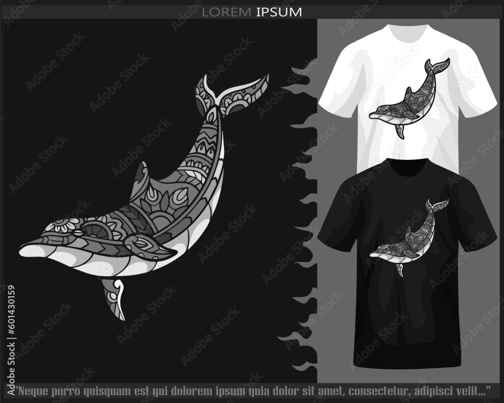 Monochrome color dolphin fish mandala arts isolated on black and white t shirt.