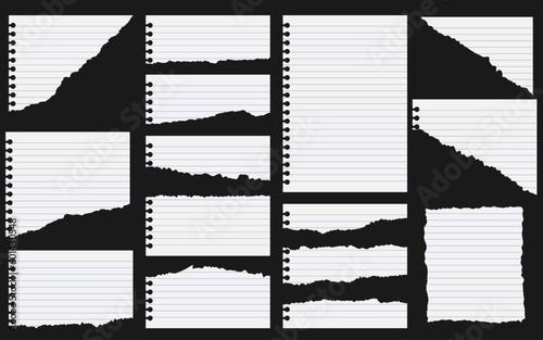 Set torn paper sheets of notebook sheets with lines, collage