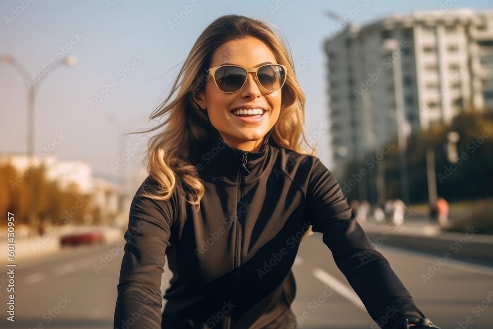 Portrait of a happy smiling woman dressed in cycling clothes, Active sporty people concept image. AI generated Portrait of a happy smiling woman dressed in cycling clothes, Active sporty people concept image. AI generated
