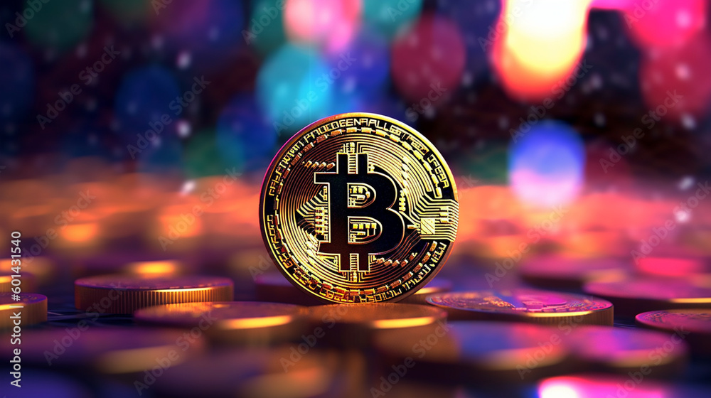 Bitcoin on blurry technology background Bitcoin on blurry technology background